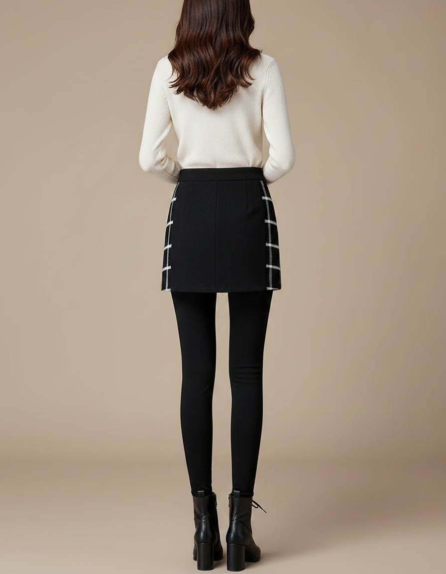 Pantalon Jupe Noir Carreaux Chaud Hiver Élégant - Maille - vue 2