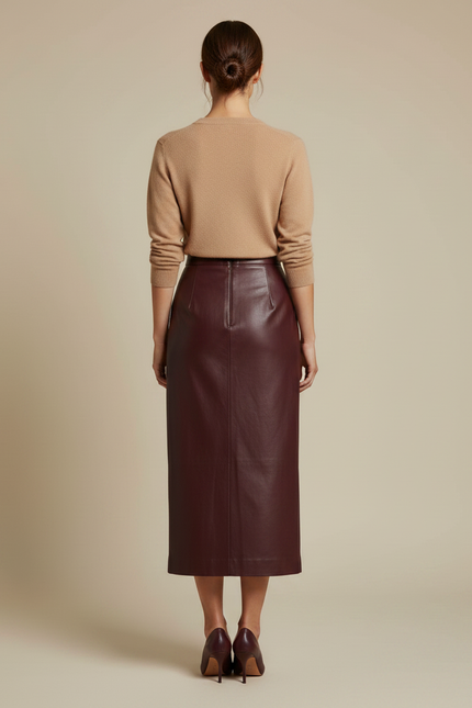 Pantalon Jupe Similicuir Bordeaux Mi-Longue Élégante Fendue - Simili cuir - vue 2