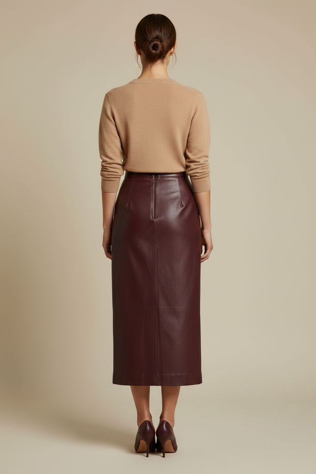 Pantalon Jupe Similicuir Bordeaux Mi-Longue Élégante Fendue - Simili cuir - vue 2