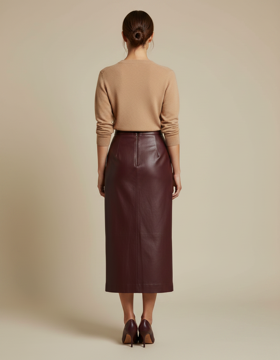 Pantalon Jupe Similicuir Bordeaux Mi-Longue Élégante Fendue - Simili cuir - vue 2