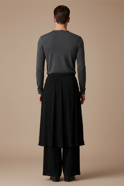 Pantalon Jupe Noir Plissé Superposé Ample Élégant - Polyester - vue 2