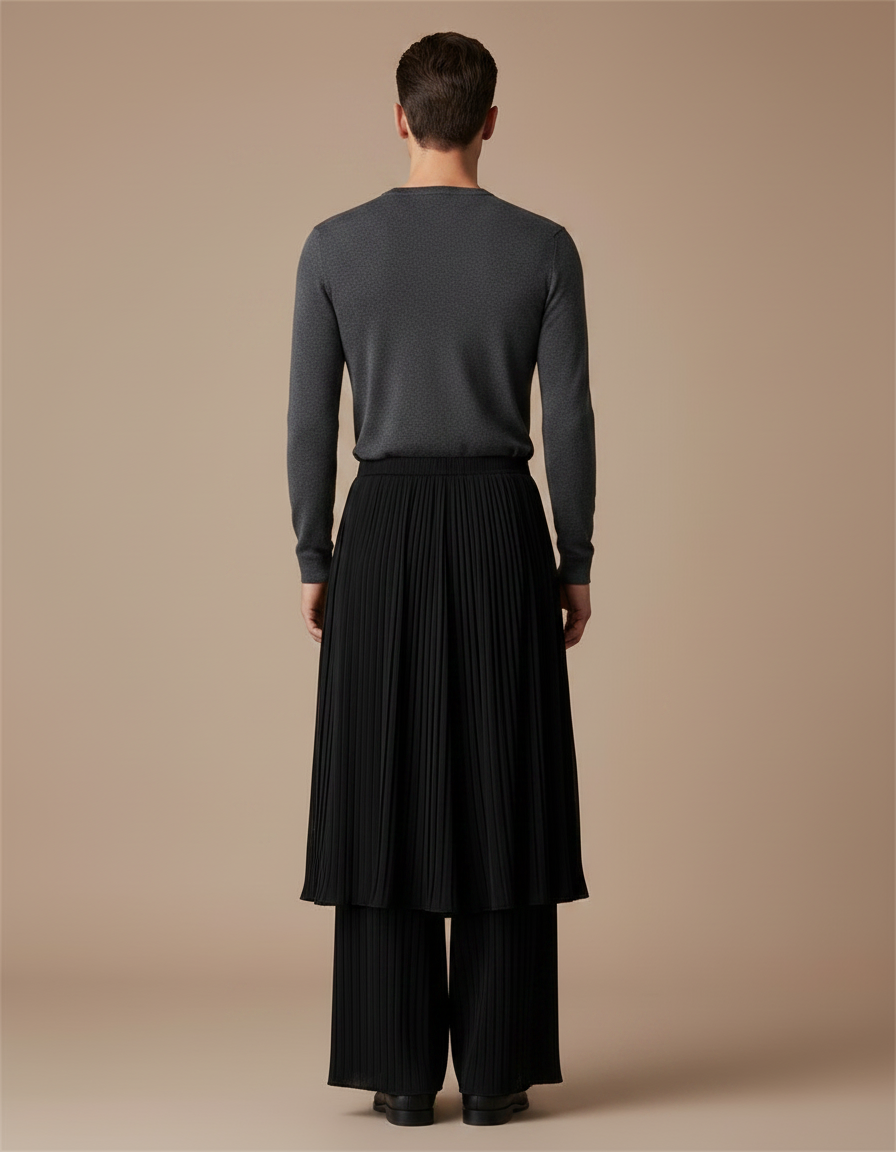 Pantalon Jupe Noir Plissé Superposé Ample Élégant - Polyester - vue 2