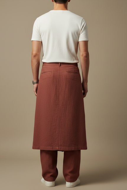 Pantalon Jupe Marron Ample Superposé Lin Décontracté - vue 2