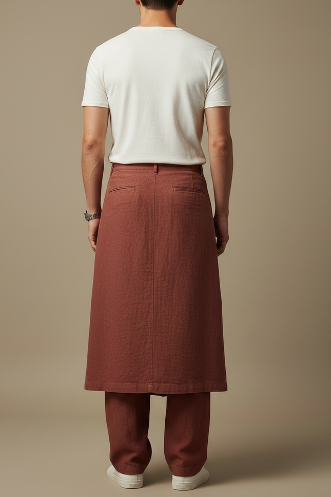 Pantalon Jupe Marron Ample Superposé Lin Décontracté - vue 2