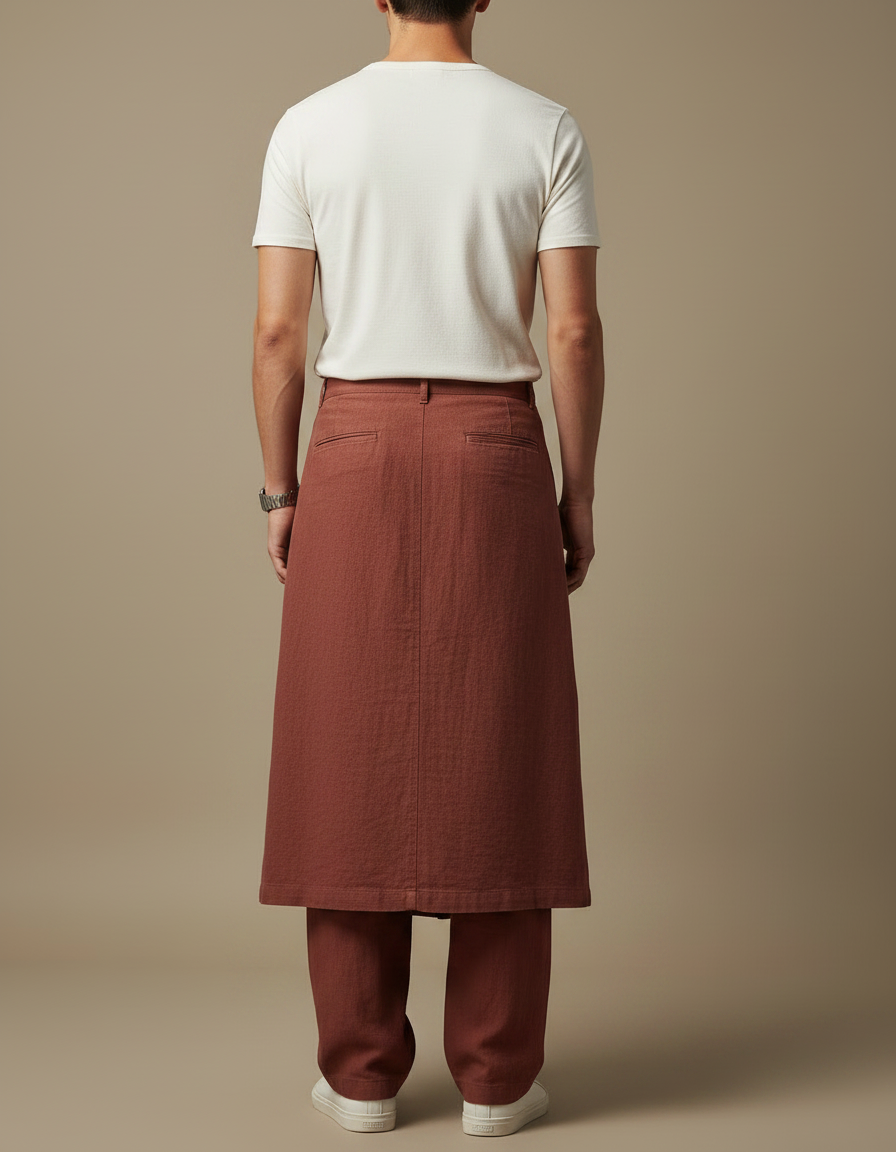 Pantalon Jupe Marron Ample Superposé Lin Décontracté - vue 2