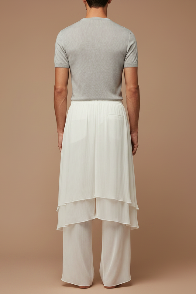 Pantalon Jupe Blanc Plissé Superposé Fluide Ample - Polyester - vue 2
