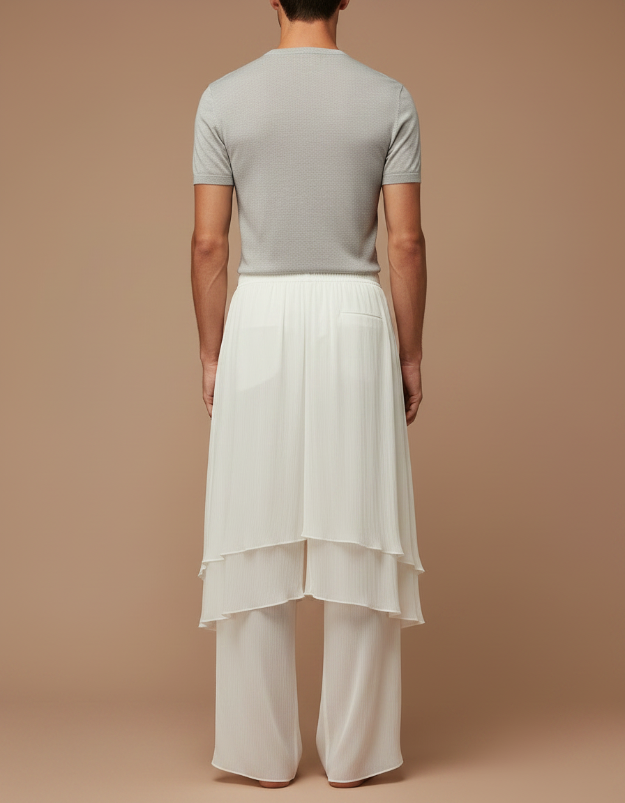 Pantalon Jupe Blanc Plissé Superposé Fluide Ample - Polyester - vue 2