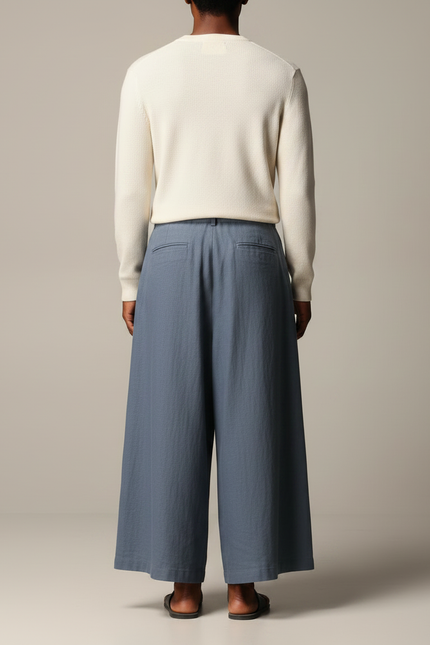 Pantalon Jupe Ample Coton Lin Bleu Plissé - vue 2