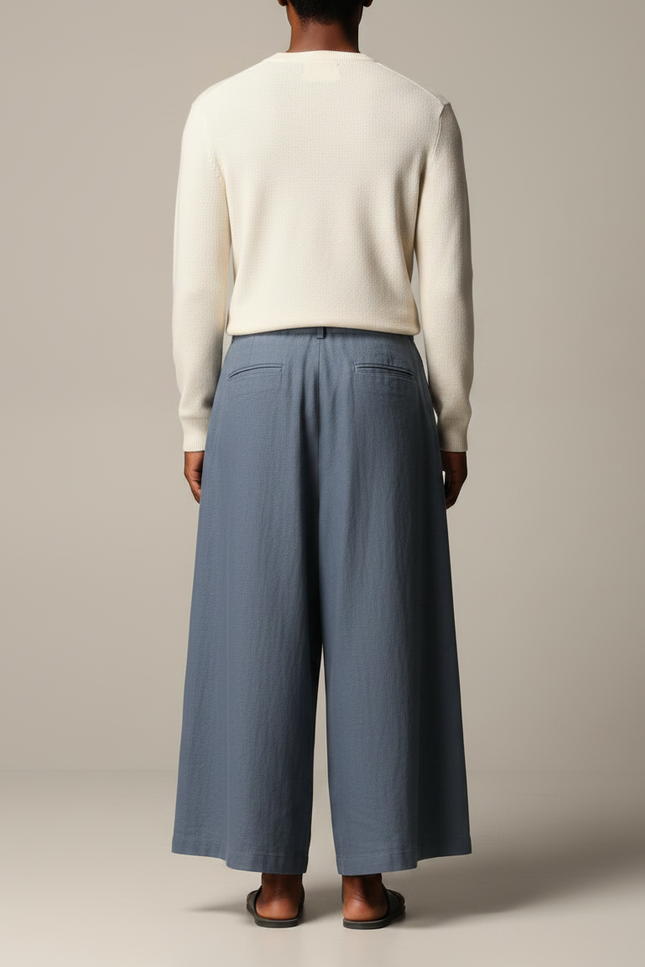 Pantalon Jupe Ample Coton Lin Bleu Plissé - vue 2