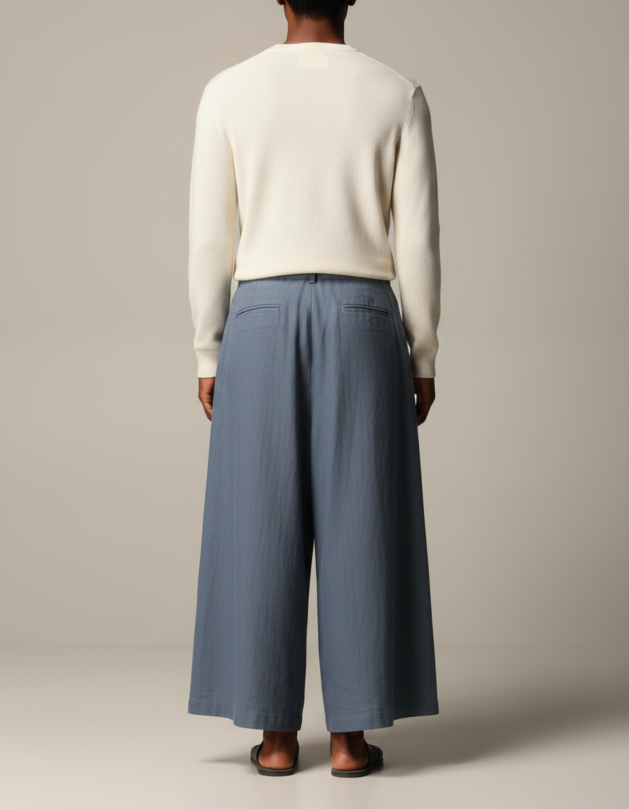 Pantalon Jupe Ample Coton Lin Bleu Plissé - vue 2