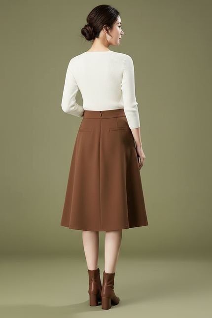 Pantalon Jupe Marron Plissé Boutons Élégant Décontracté - Polyester - vue 2