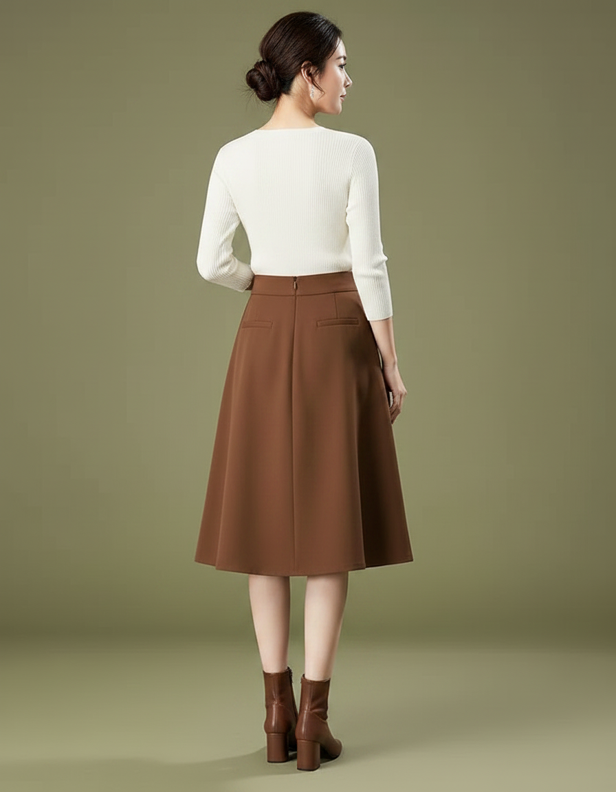 Pantalon Jupe Marron Plissé Boutons Élégant Décontracté - Polyester - vue 2