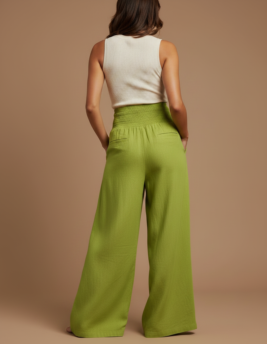 Pantalon Jupe Vert Citron Ample Fluide Smocké Décontracté - Lin - vue 2