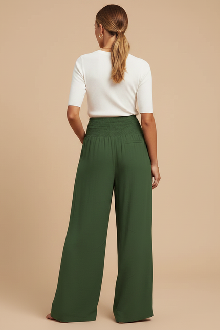Pantalon Jupe Vert Ample Fluide Décontracté Taille Haute - Viscose - vue 2
