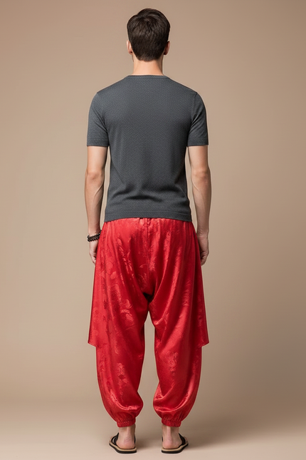 Pantalon Jupe Rouge Soie Ample Harem Motif Floral - vue 2