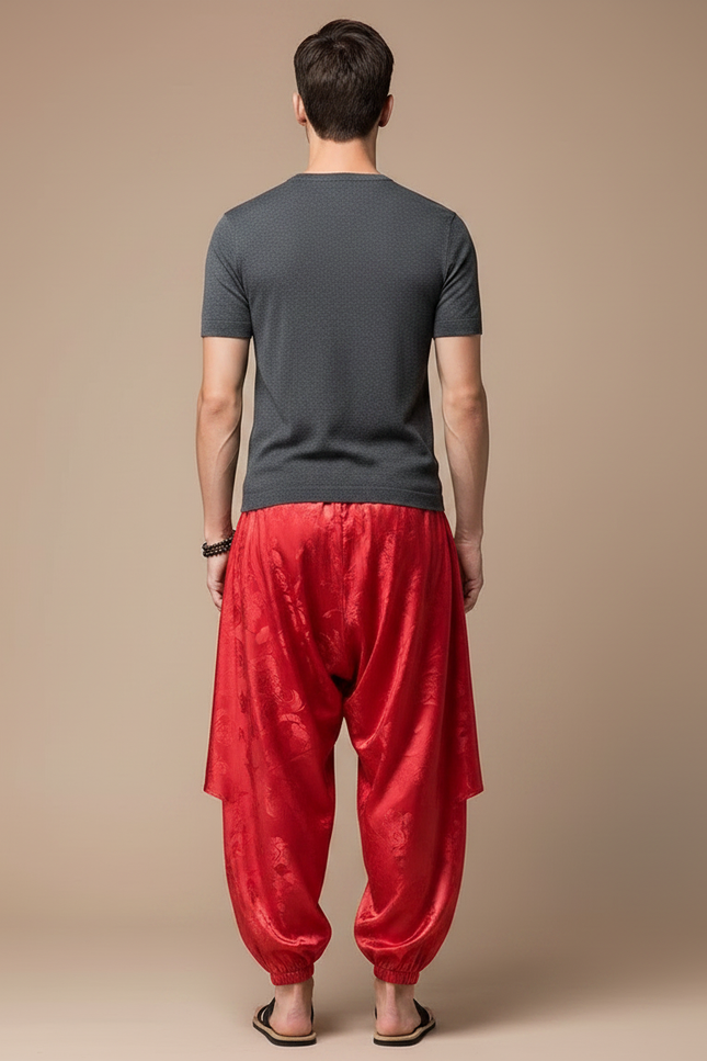 Pantalon Jupe Rouge Soie Ample Harem Motif Floral - vue 2