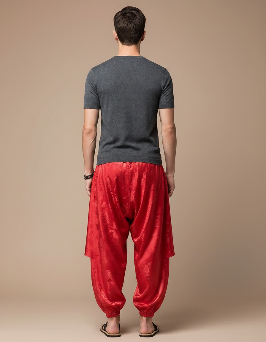 Pantalon Jupe Rouge Soie Ample Harem Motif Floral - vue 2