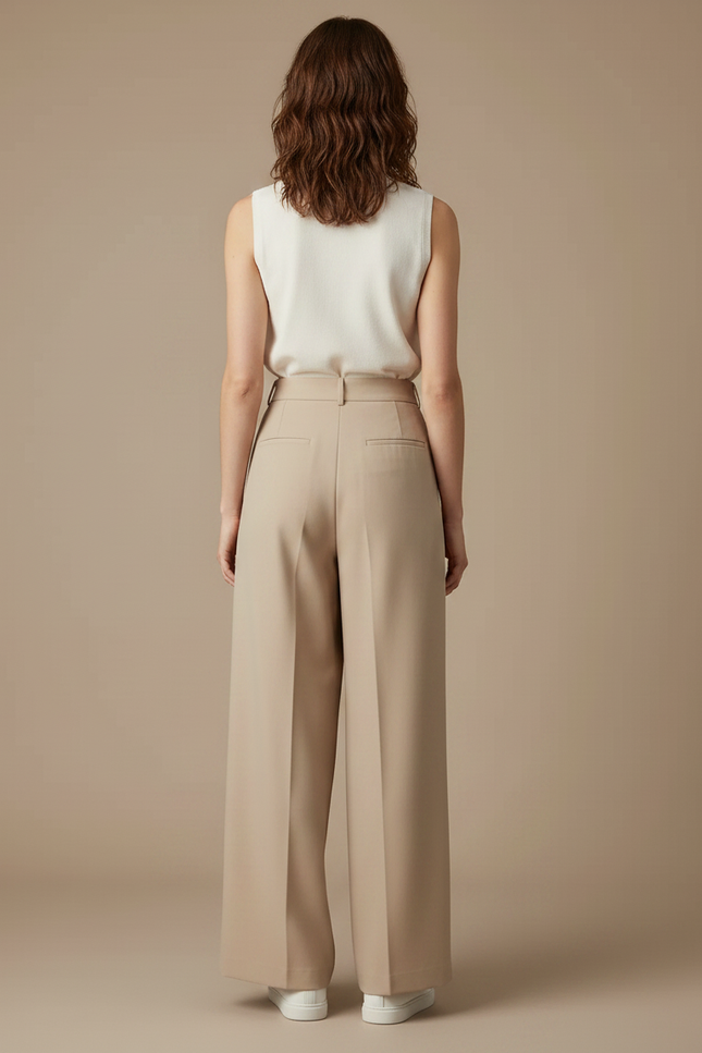 Pantalon Jupe Beige Plissé Ample Fluide Élégant - Polyester - vue 2