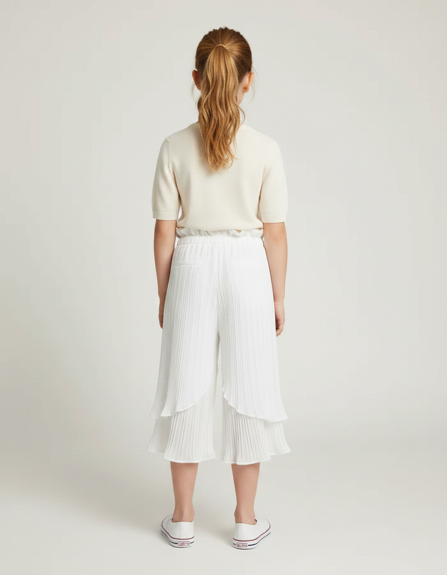 Pantalon Jupe Blanc Plissé Superposé Fluide Enfant - Polyester - vue 2