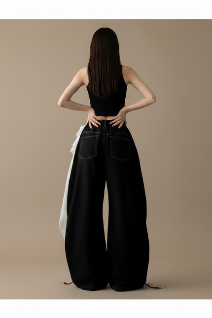 Pantalon Jupe Noir Ample Brodé Dentelle Irrégulière - Coton - vue 2