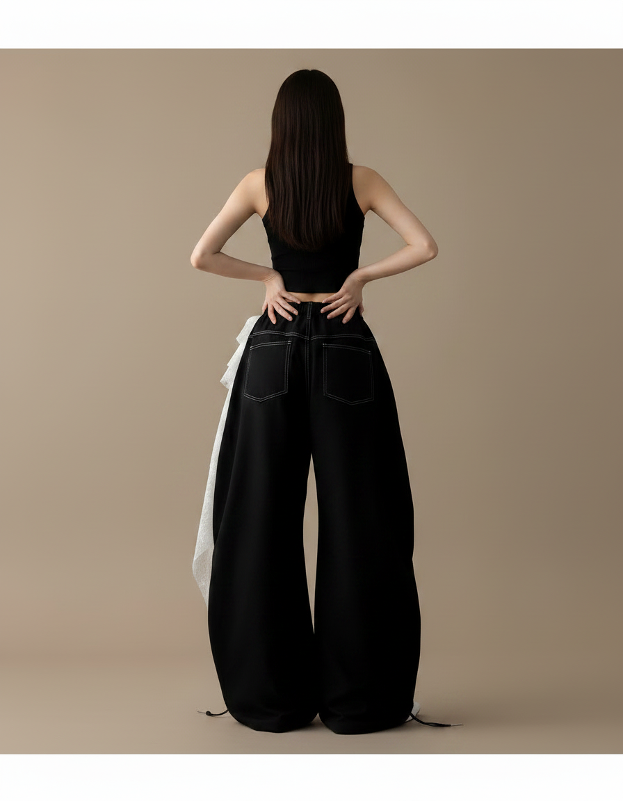 Pantalon Jupe Noir Ample Brodé Dentelle Irrégulière - Coton - vue 2