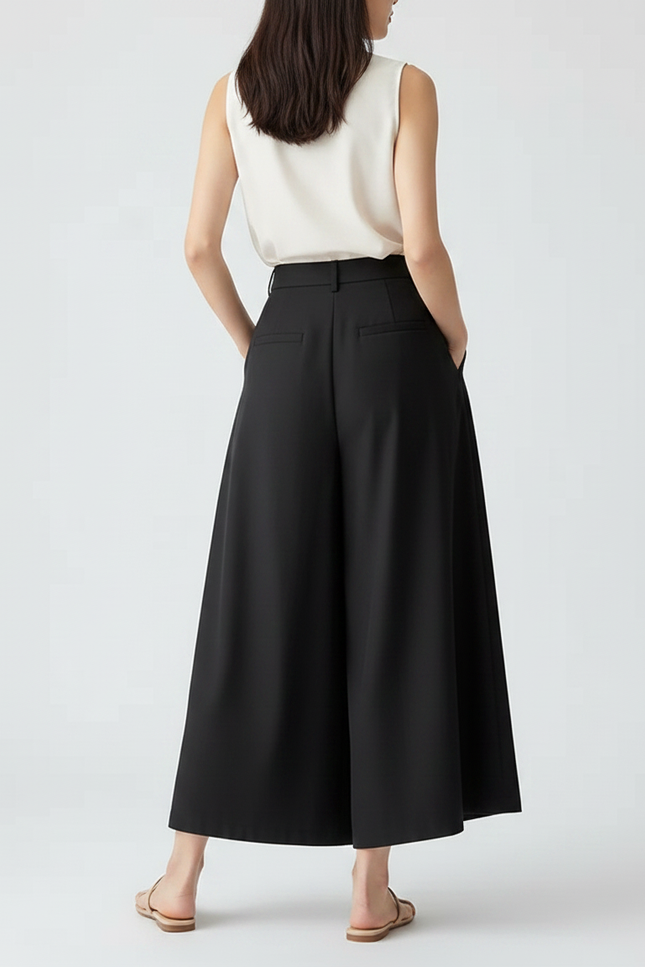 Pantalon Jupe Noir Plissé Ample Taille Haute Élégant - Polyester - vue 2