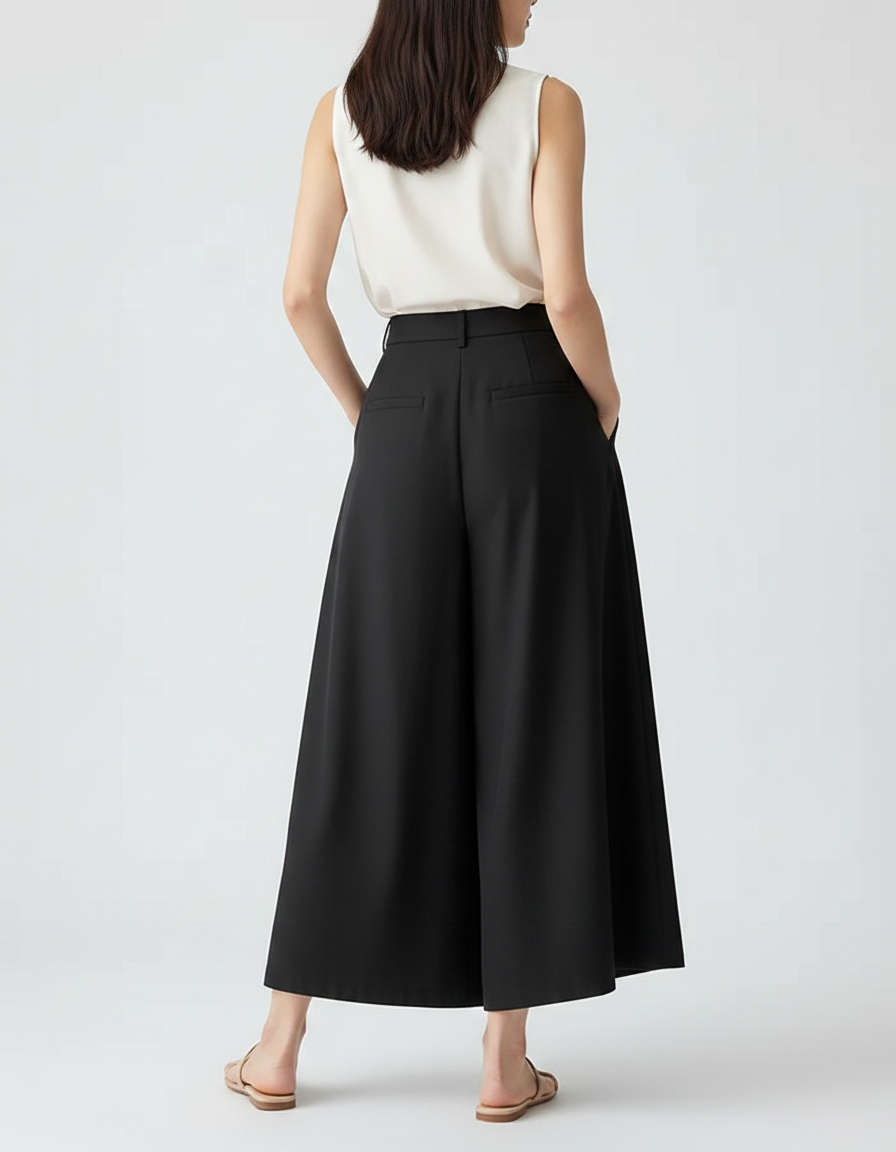 Pantalon Jupe Noir Plissé Ample Taille Haute Élégant - Polyester - vue 2