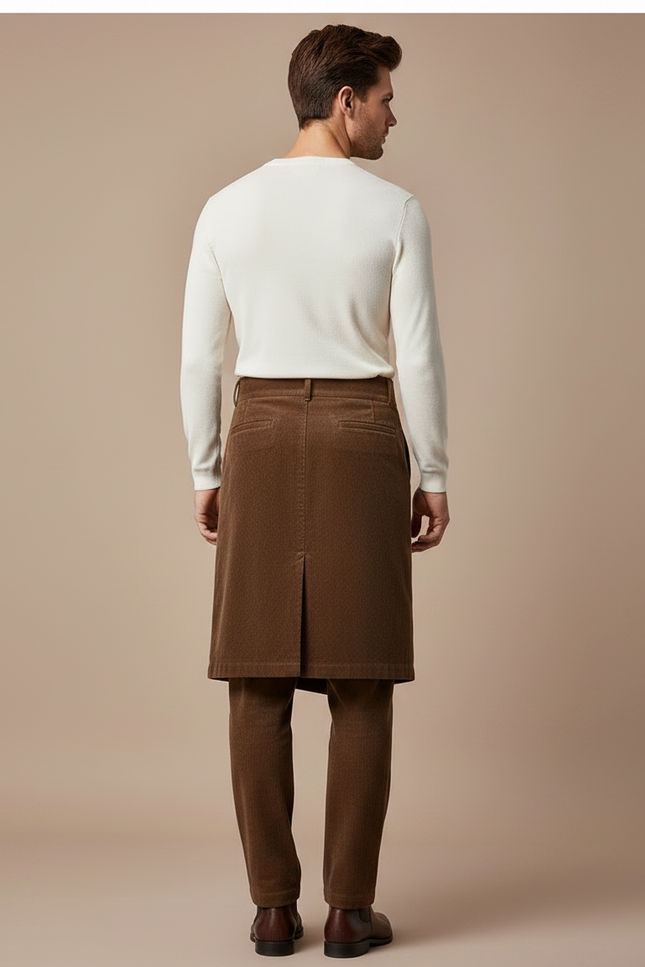 Pantalon Jupe Marron Velours Plissé Superposé Homme - Cordé - vue 2