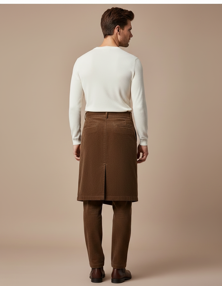 Pantalon Jupe Marron Velours Plissé Superposé Homme - Cordé - vue 2