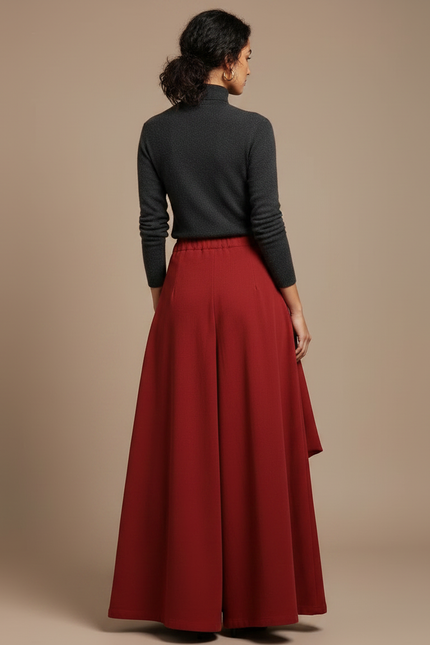 Pantalon Jupe Rouge Ample Poches Vintage Confortable - Laine - vue 2