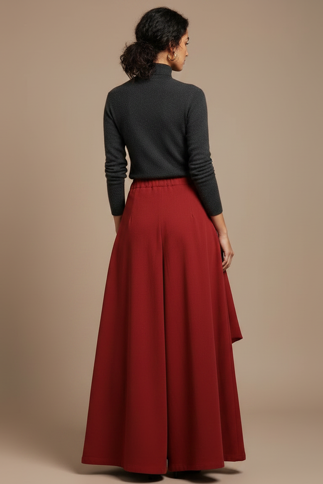 Pantalon Jupe Rouge Ample Poches Vintage Confortable - Laine - vue 2