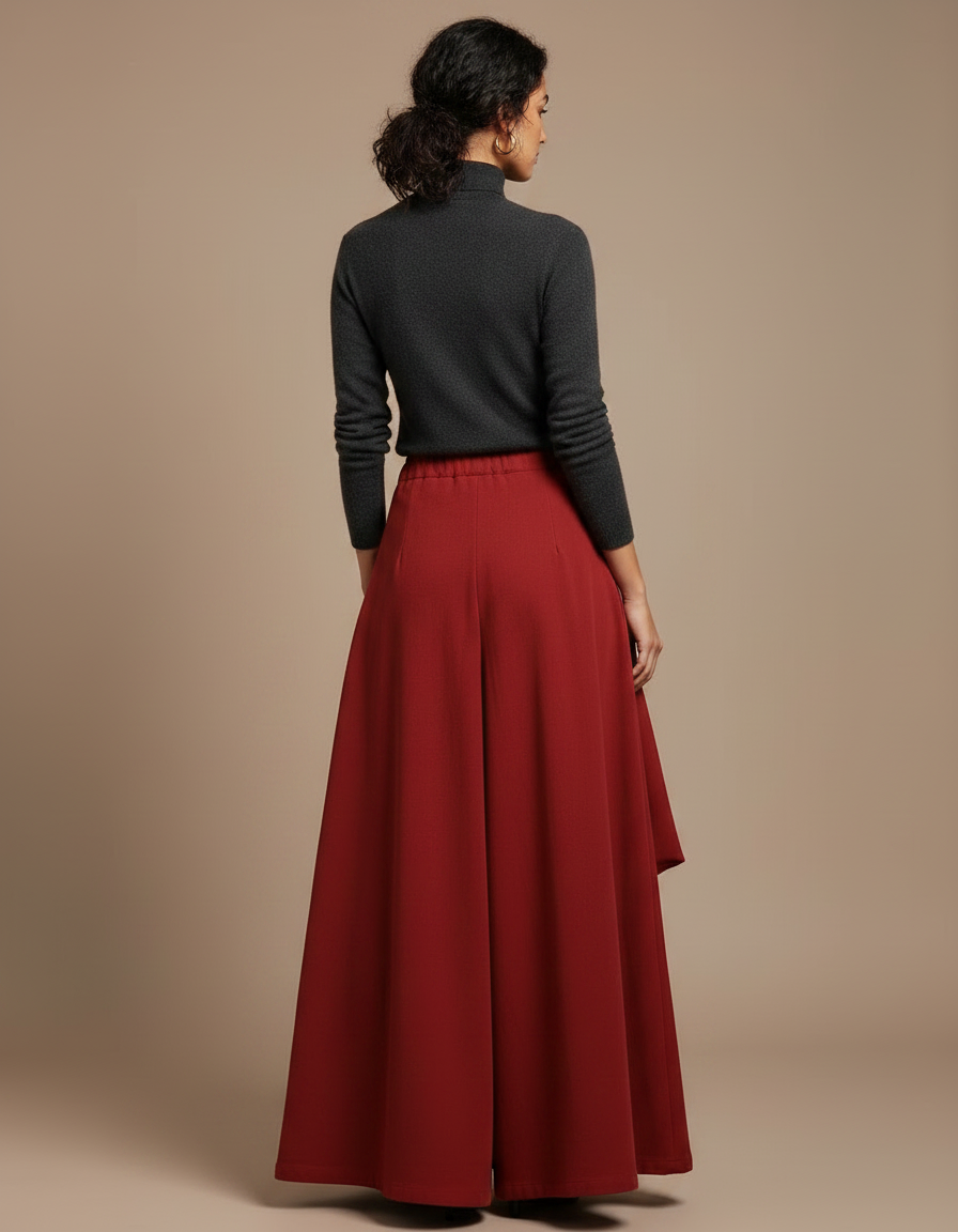 Pantalon Jupe Rouge Ample Poches Vintage Confortable - Laine - vue 2