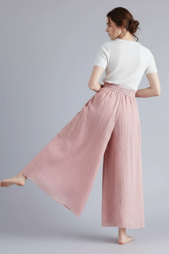 Pantalon Jupe Rose Lin Ample Fluide Décontracté - vue 2