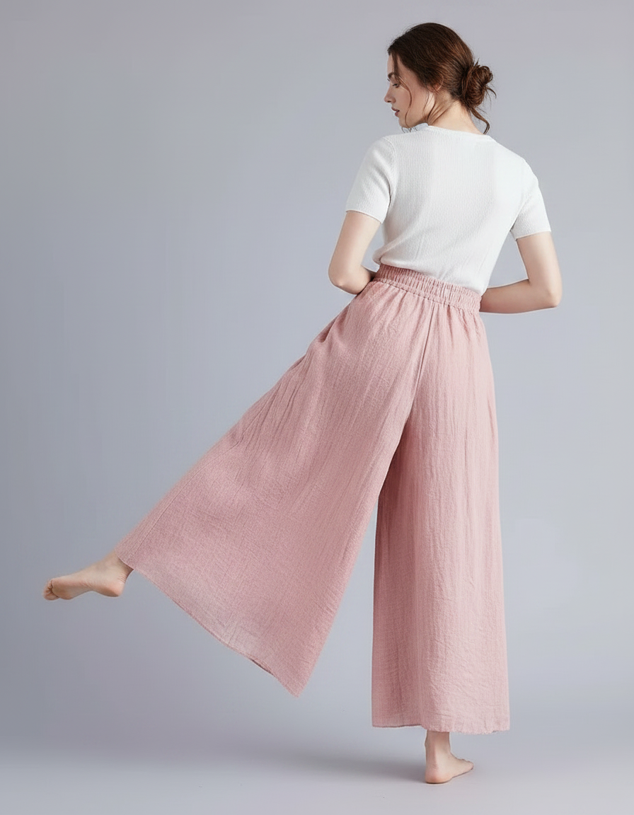 Pantalon Jupe Rose Lin Ample Fluide Décontracté - vue 2