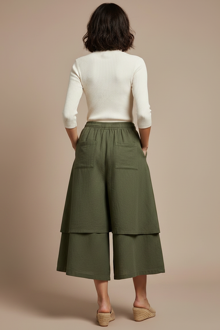 Pantalon Jupe Vert Militaire Ample Lin Superposé Décontracté - Kaki - vue 2