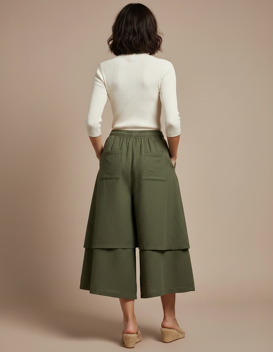 Pantalon Jupe Vert Militaire Ample Lin Superposé Décontracté - Kaki - vue 2
