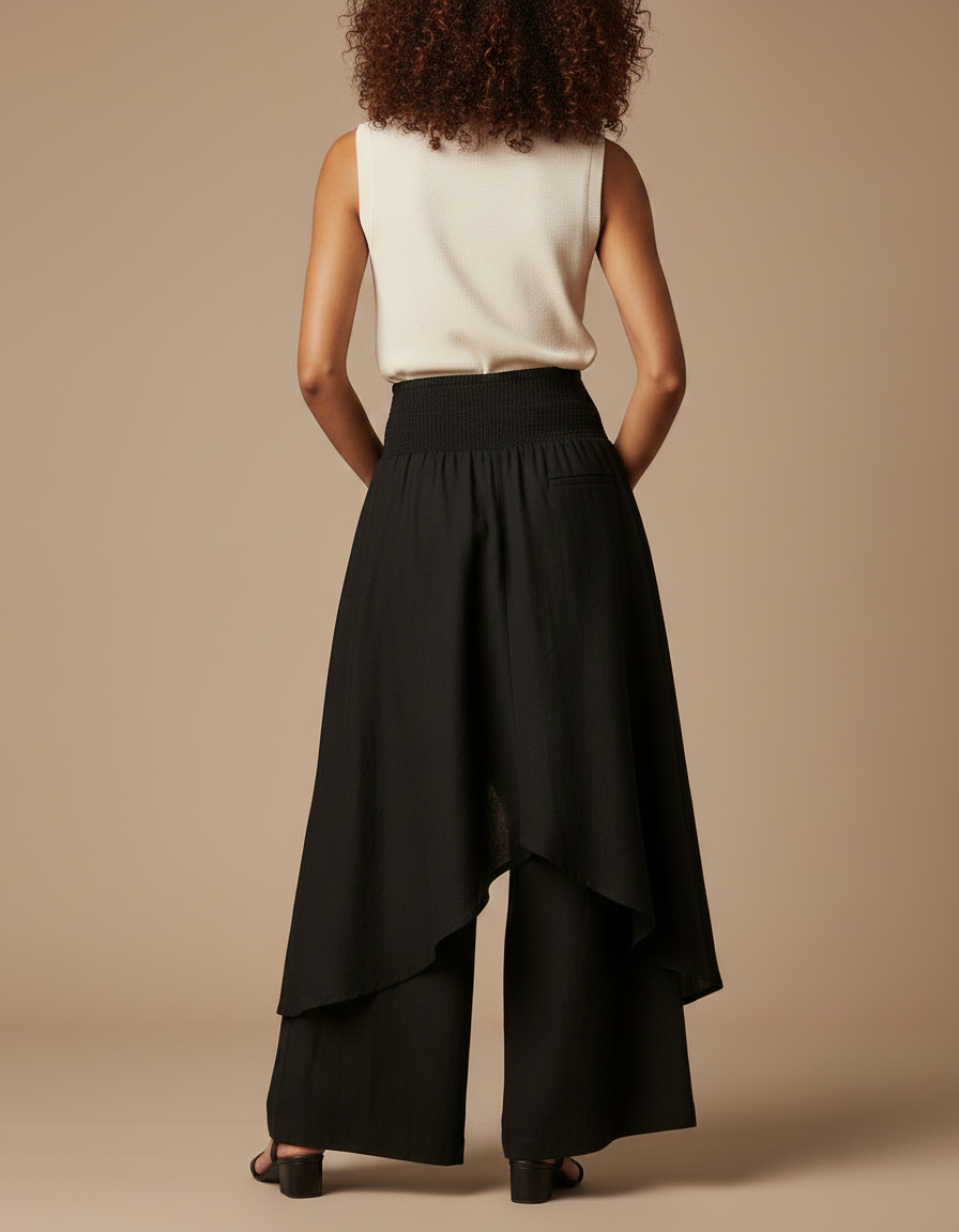 Pantalon Jupe Noir Ample Superposé Fluide Élégant - Viscose - vue 2