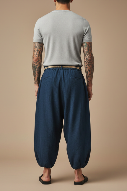 Pantalon Jupe Ample Coton Lin Bleu Marine Confortable - vue 2