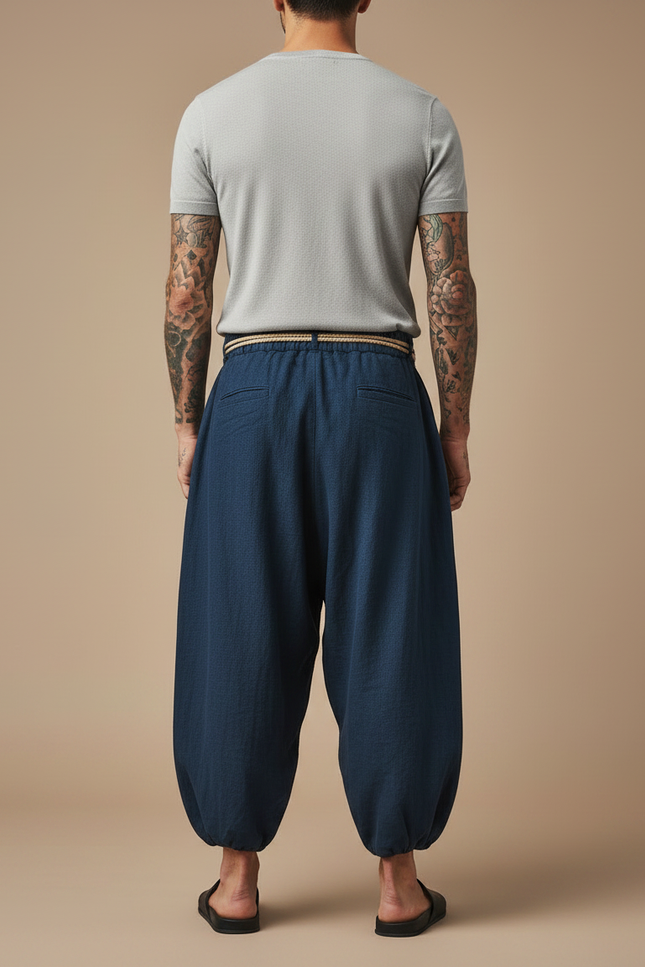 Pantalon Jupe Ample Coton Lin Bleu Marine Confortable - vue 2