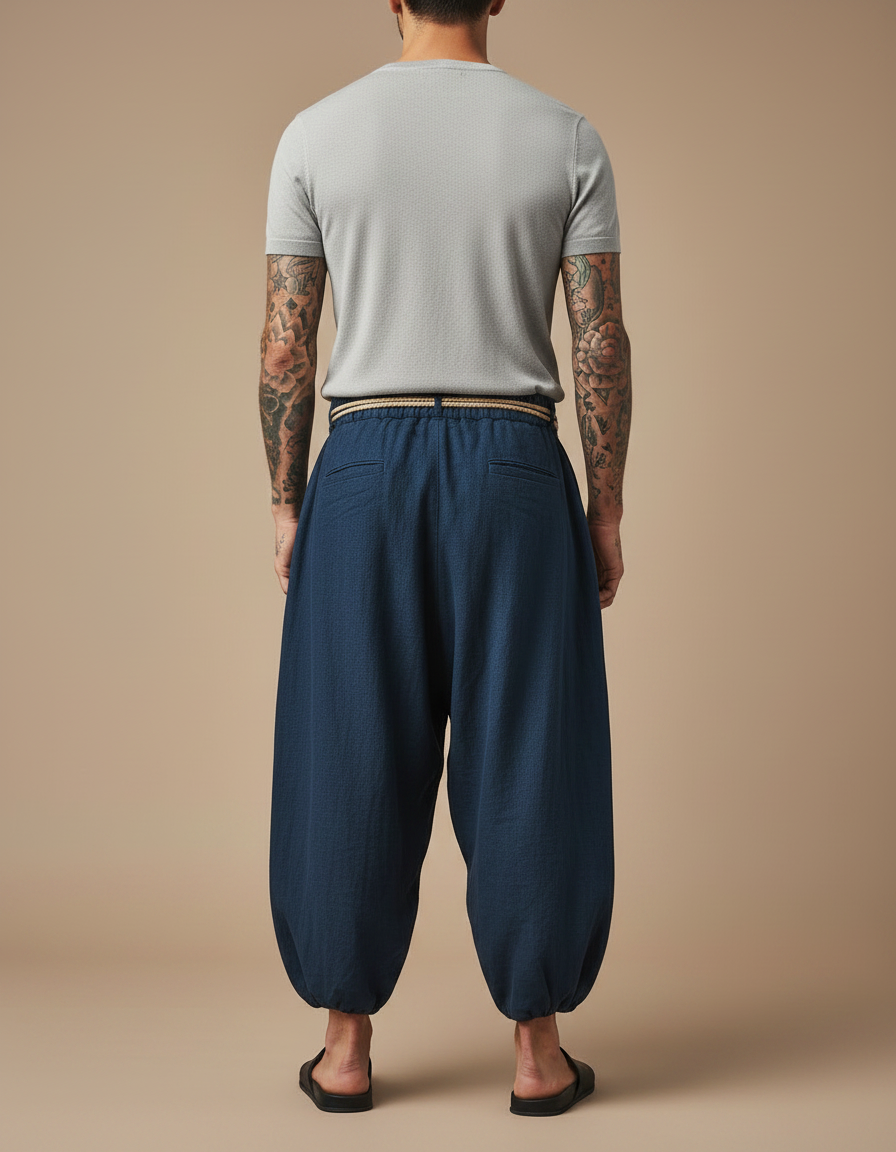 Pantalon Jupe Ample Coton Lin Bleu Marine Confortable - vue 2
