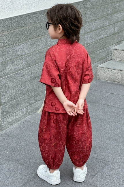 Pantalon Jupe Rouge Jacquard Bouffant Ample Enfant - Satin