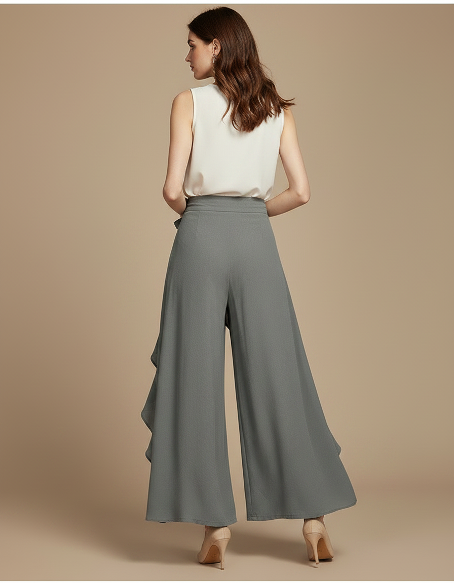 Pantalon Jupe Gris Fluide Volants Élégant Ceinturé - Polyester - vue 2
