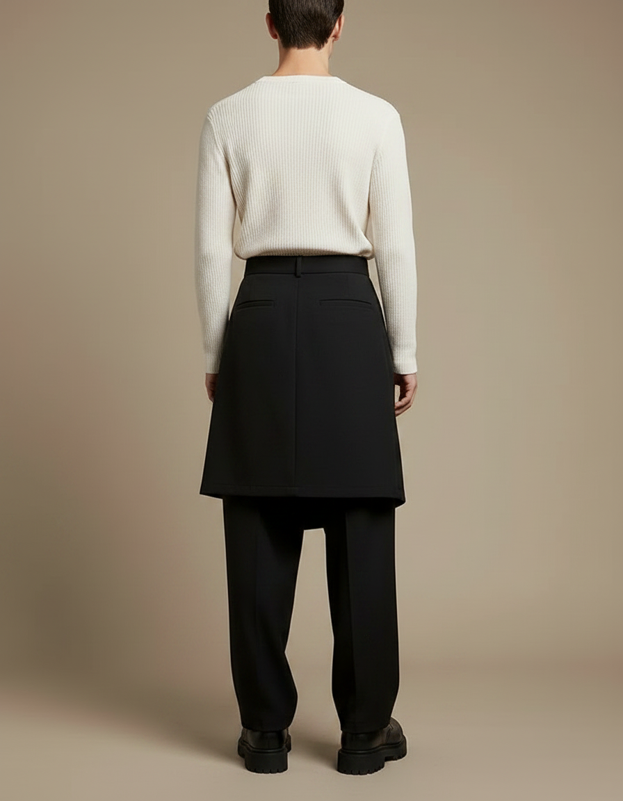 Pantalon Jupe Noir Plissé Ample Élégant Moderne Homme - Gabardine - vue 2