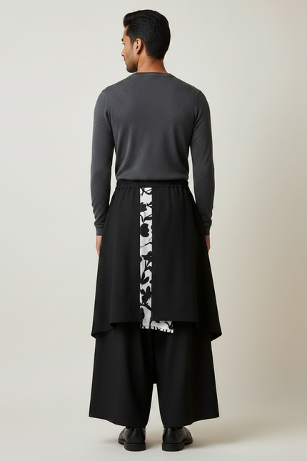 Pantalon Jupe Noir Asymétrique Imprimé Floral Ample - Polyester - vue 2