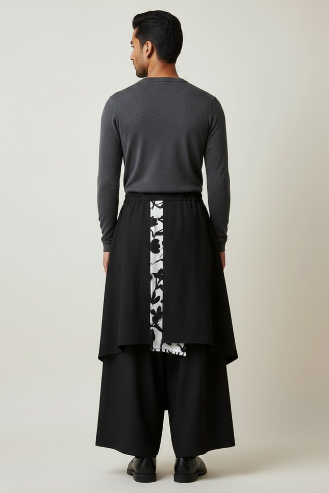 Pantalon Jupe Noir Asymétrique Imprimé Floral Ample - Polyester - vue 2
