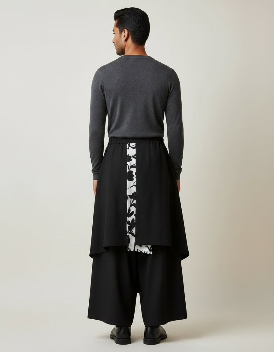 Pantalon Jupe Noir Asymétrique Imprimé Floral Ample - Polyester - vue 2