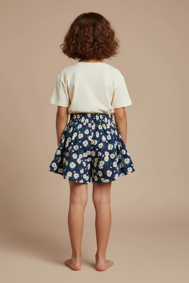 Pantalon Jupe Bleu Marine Fleuri Ample Fille - Coton - vue 2