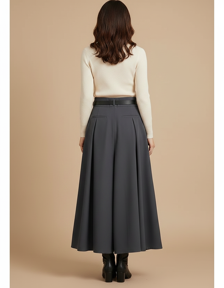 Pantalon Jupe Gris Plissé Asymétrique Longue Élégante - Polyester - vue 2