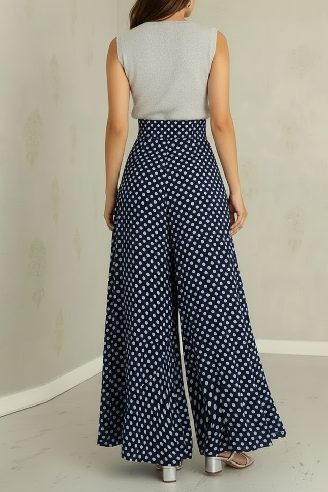 Pantalon Jupe Bleu Pois Maxi Fluide Élégant - Marine Viscose - vue 2