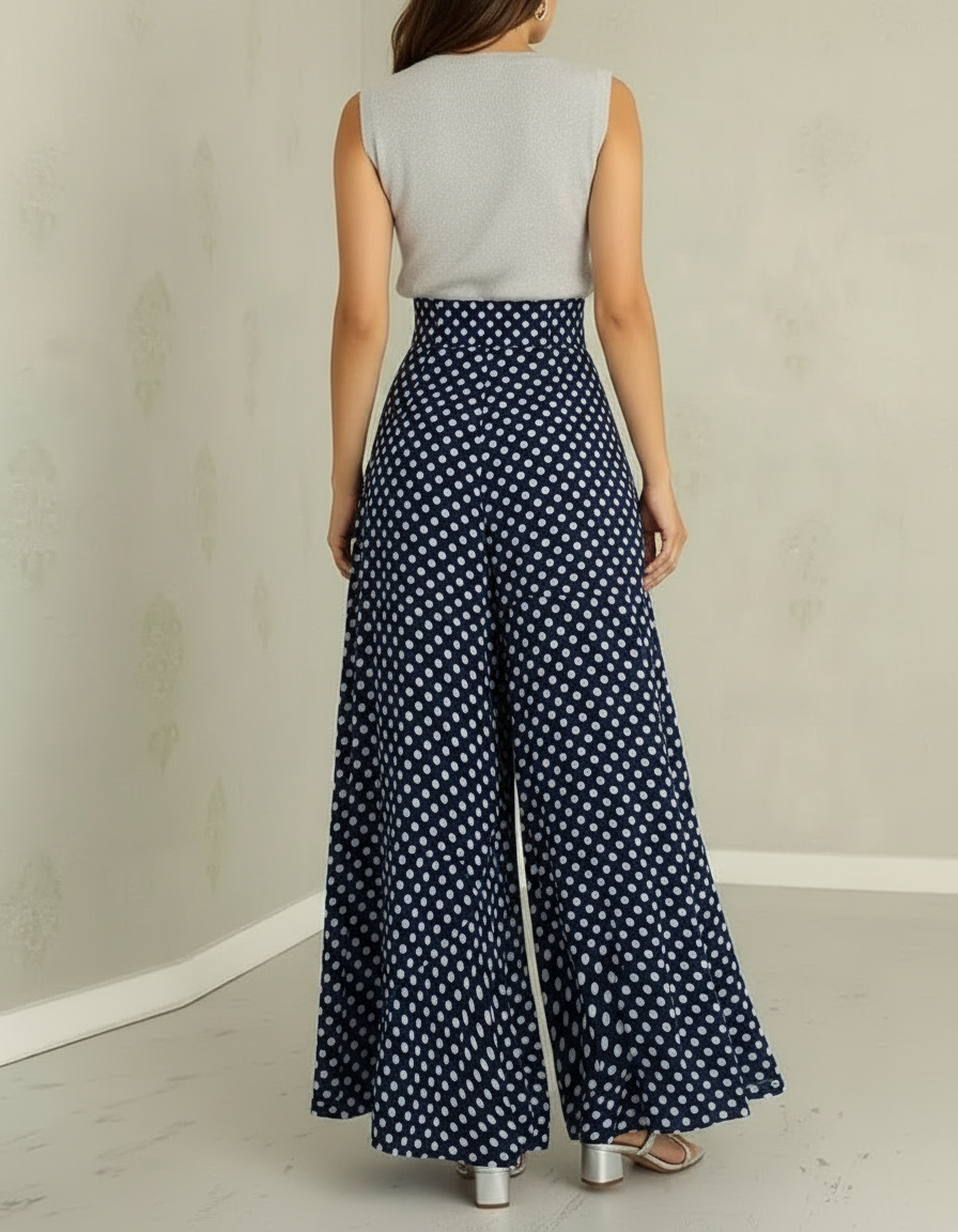 Pantalon Jupe Bleu Pois Maxi Fluide Élégant - Marine Viscose - vue 2